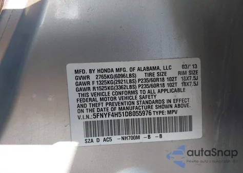 2013 Honda Pilot Ex-L from USA, damaged, VIN 5FNYF4H51DB055976